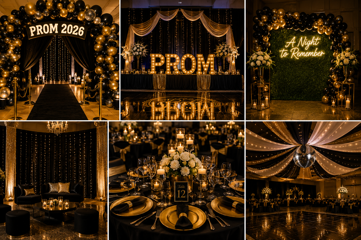 Elegant prom venue setting with warm lighting and decor