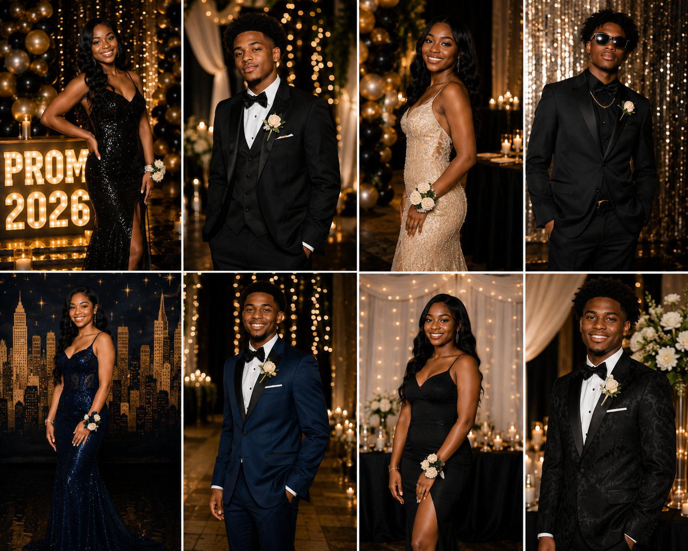 Individual prom portraits of ADCA students in formalwear, tuxedos, and gowns